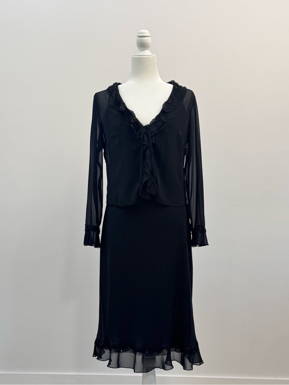 Vintage CDC Black 2 Piece Dress Set Ruffle Sheer Long Sleeve Jacket Sz 8/10